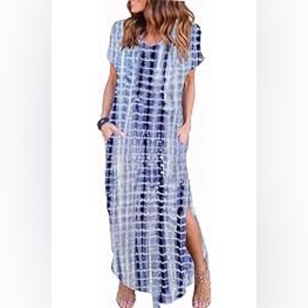Beachy Boho Tie Dye Stretch Jersey Knit Maxi Dress. Blue White. Short Sleeve S